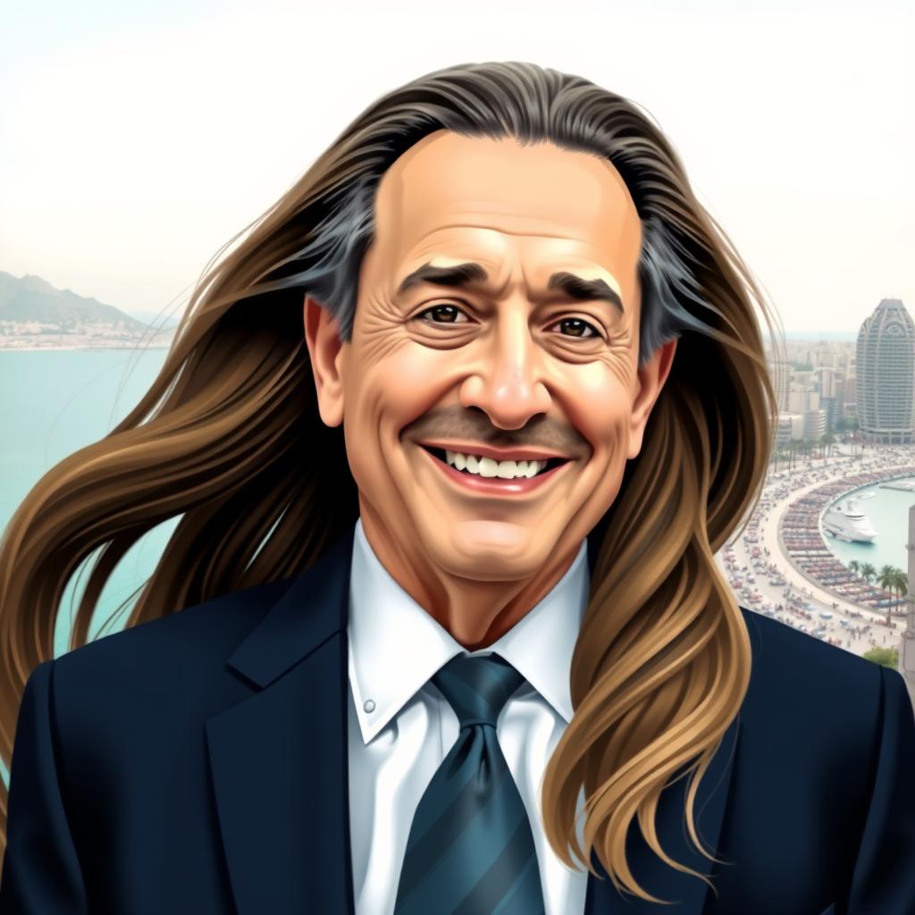 A creative reinterpretation of Nabih Berri, the Lebanese politician, imagined with long, flowing, feminine hair, styled elegantly