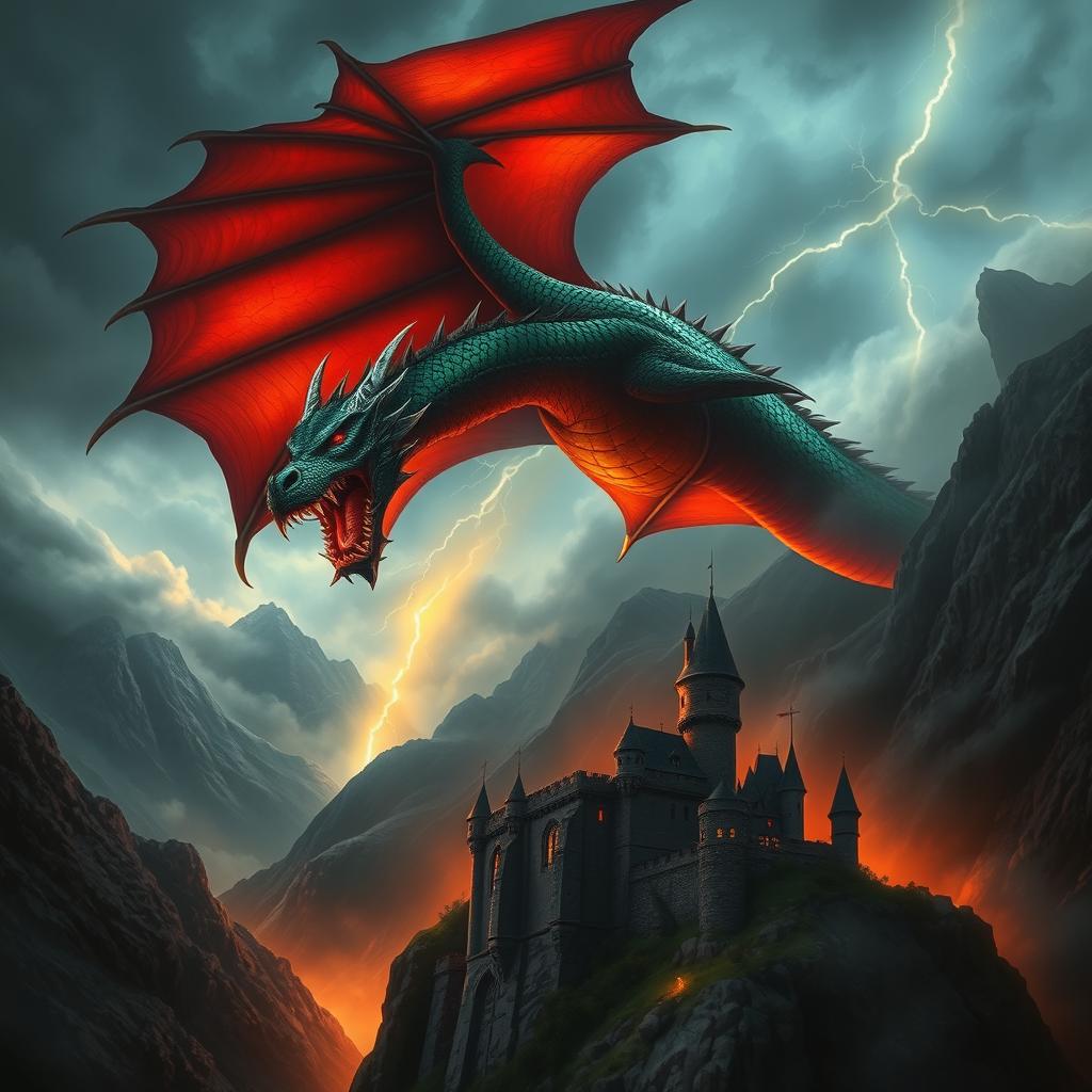 A dramatic scene featuring a fierce dragon soaring through a stormy sky, its scales shimmering in shades of deep emerald and fiery crimson