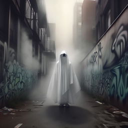 Modify the previous album cover, replacing the ghostly figure with an ethereal representation of a rapper in an urban setting. Maintain the graffiti-style lettering of 'but you feel like a ghost'