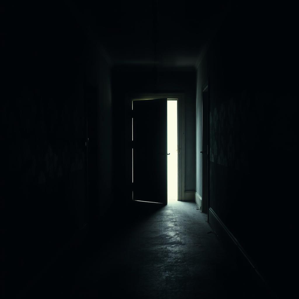 A dark corridor with a slightly ajar door at the end, casting a faint glow of light