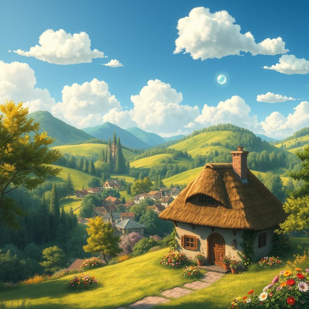 A whimsical, lush landscape inspired by Ghibli films, featuring a vibrant village nestled in a valley surrounded by rolling hills and towering trees