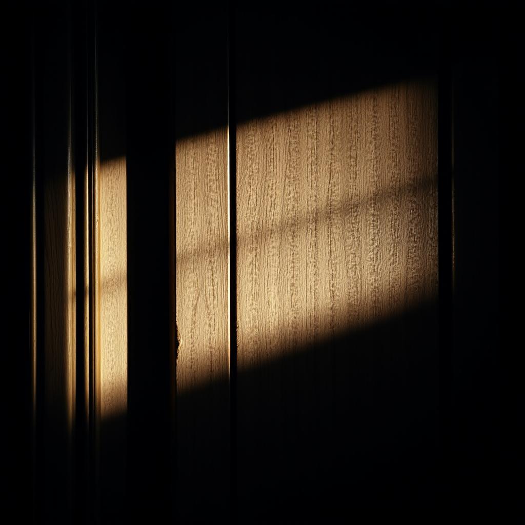 A close-up of a door, intricately detailed with wooden textures and patterns, with shadows cast on the other side creating a mysterious and atmospheric effect