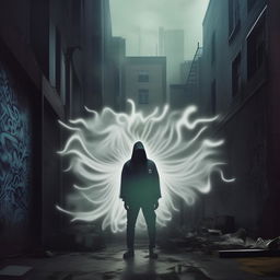 Modify the previous album cover, replacing the ghostly figure with an ethereal representation of a rapper in an urban setting. Maintain the graffiti-style lettering of 'but you feel like a ghost'