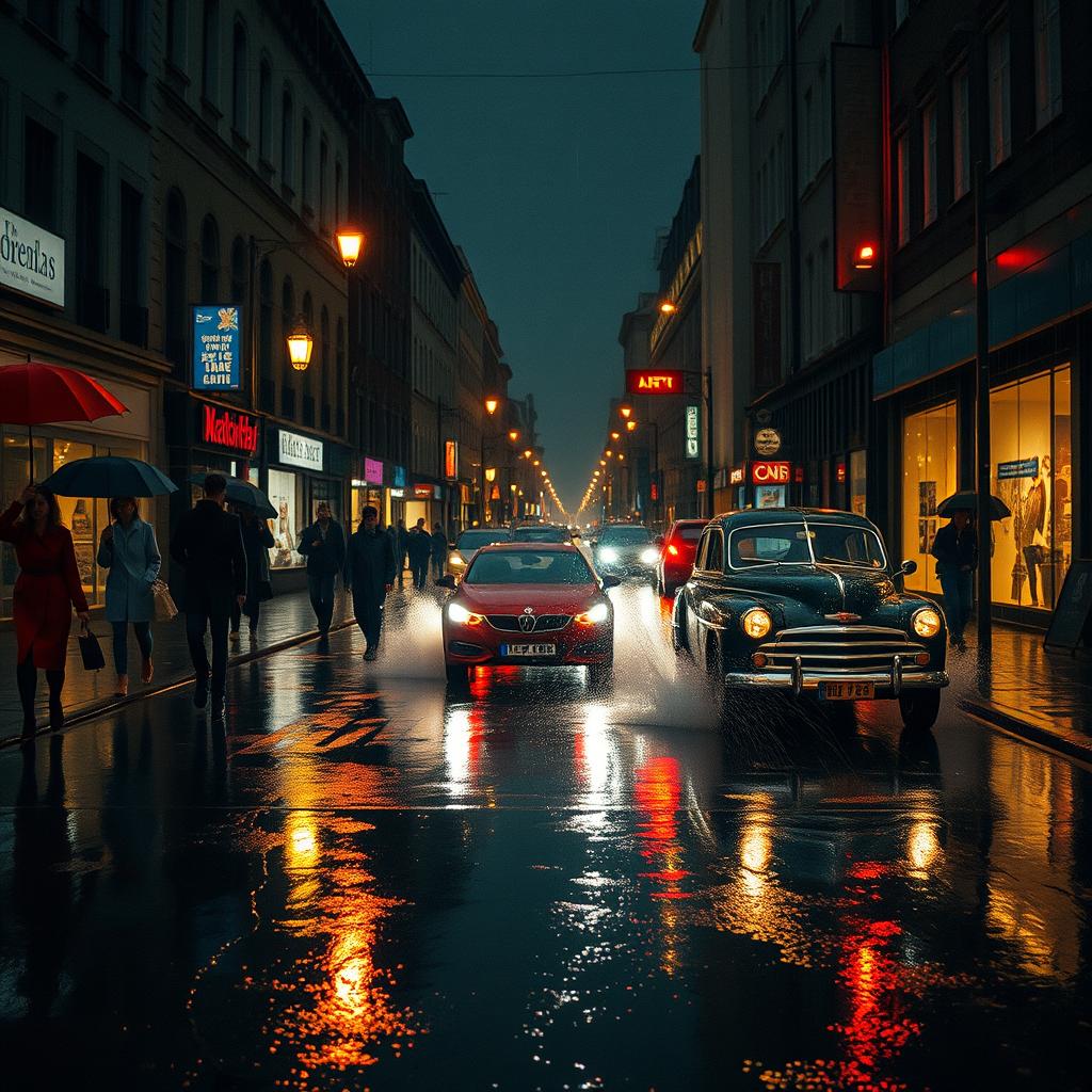 A rainy street scene at night, featuring reflections of colorful streetlights on the wet pavement