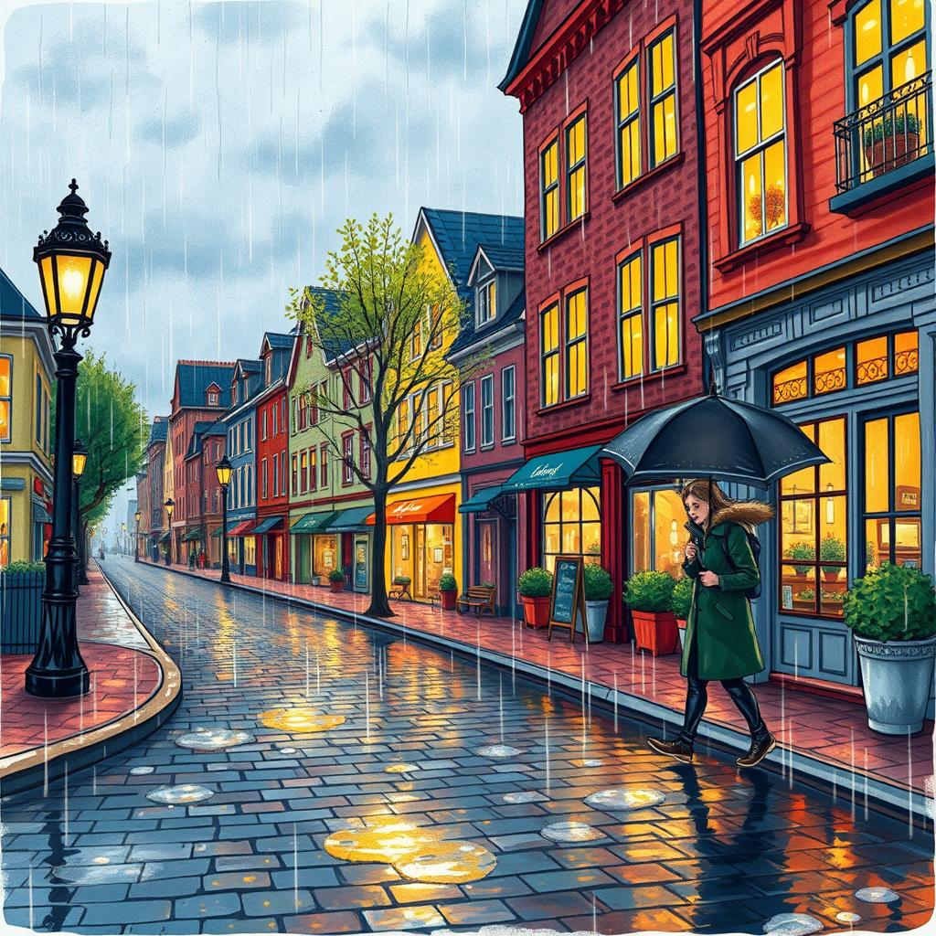 A beautifully hand-drawn illustration of a rainy street scene, featuring cobblestone pavement glistening with rain