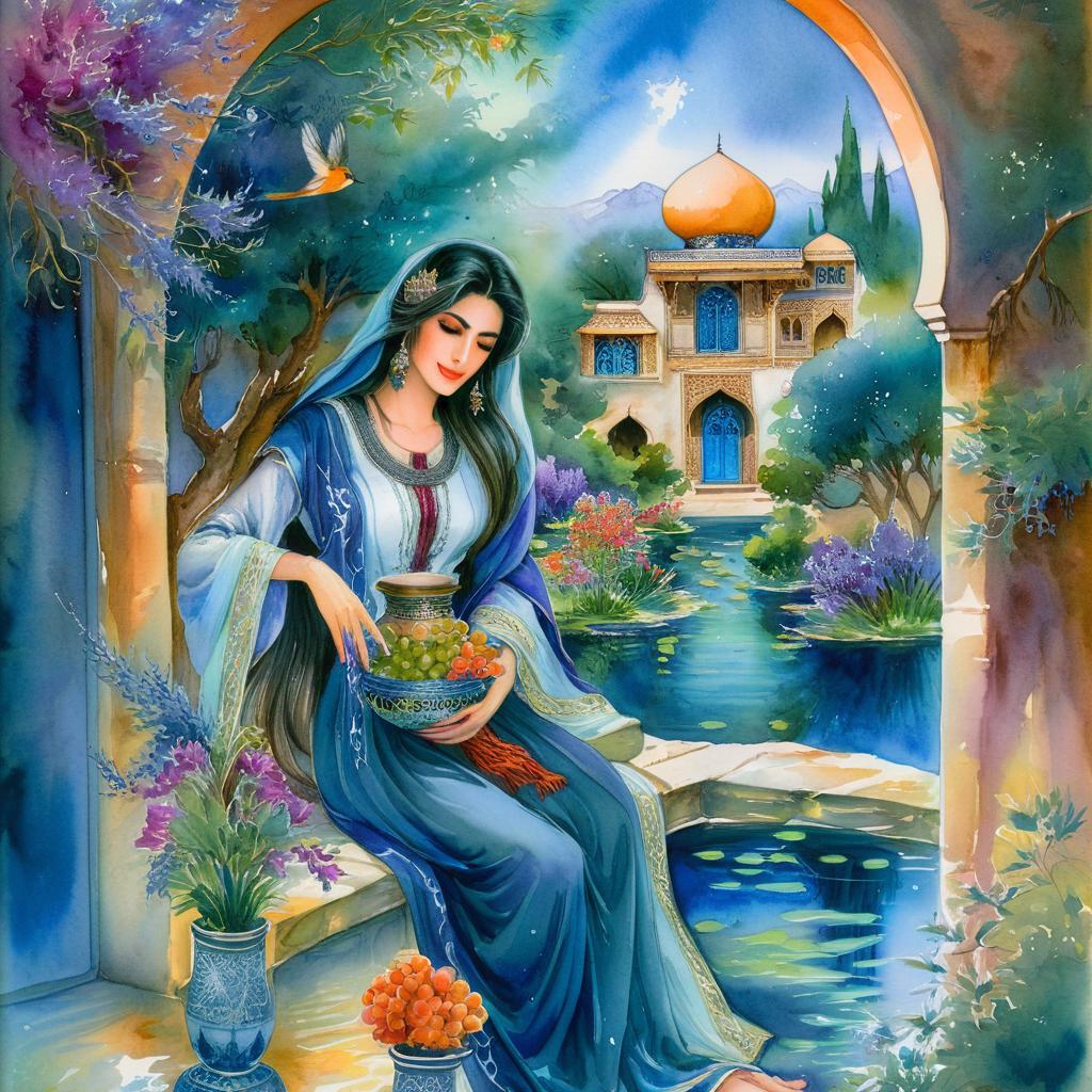 Mystical and spiritual watercolor painting of a beautiful Iranian woman inside a beautiful Iranian house with cypress and grape trees, a pond full of water, beautiful vases, colorful flowers, and nightingales