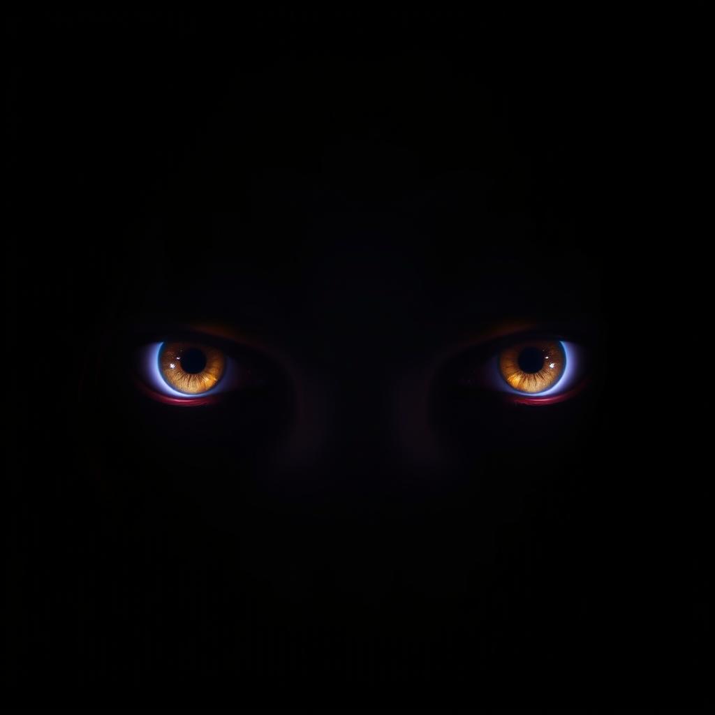 A pair of bright, glowing eyes staring intensely from the shadows, creating a striking focal point in the dimly lit environment