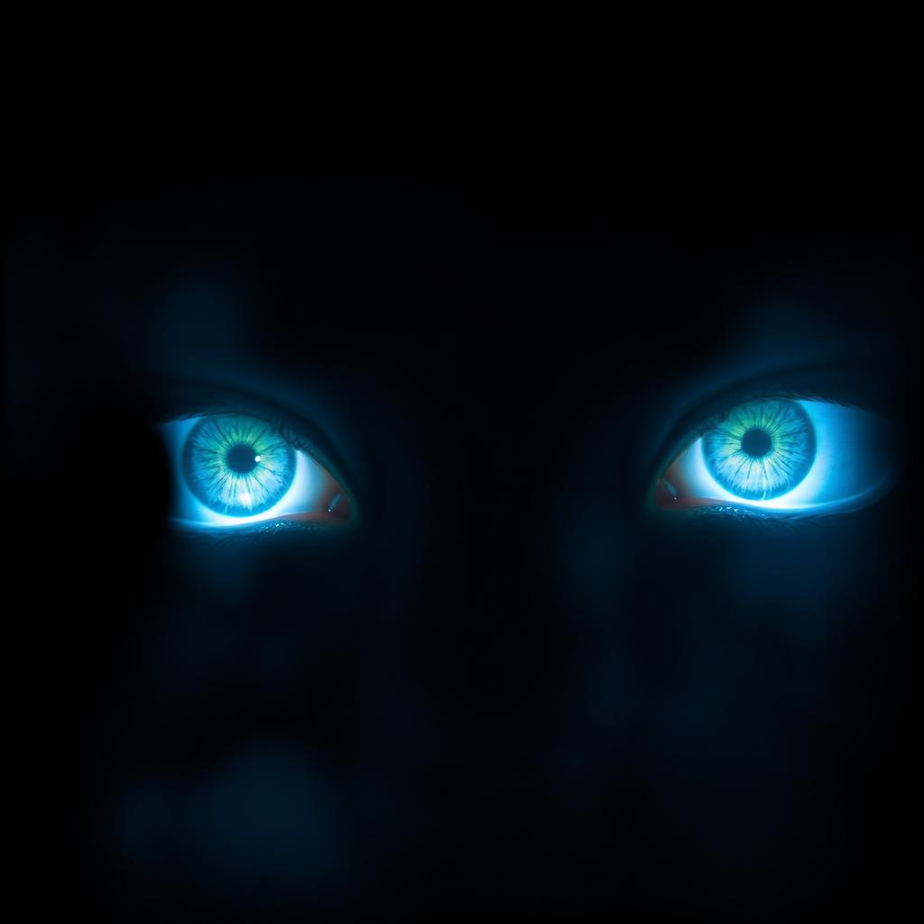 A pair of bright, glowing eyes vividly shining in the dim light, capturing attention as they pierce through the surrounding shadows