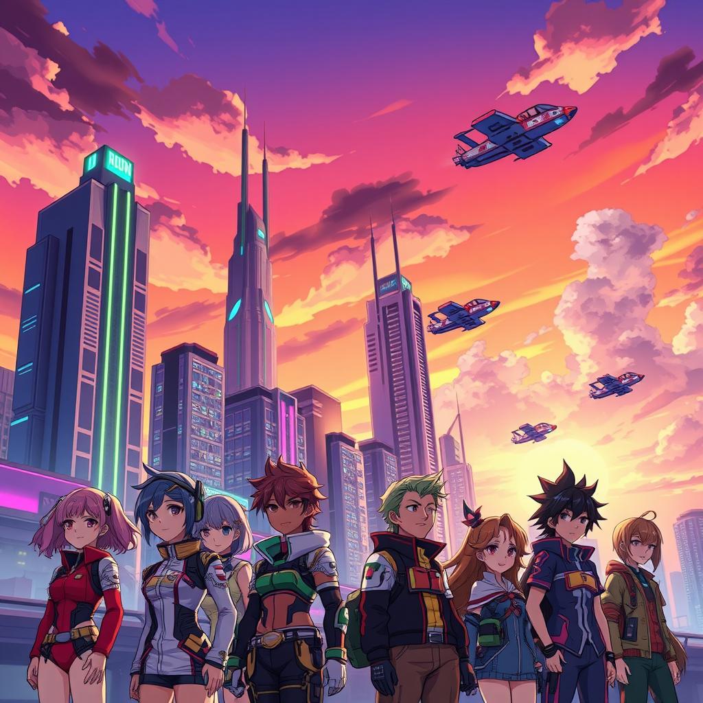 An anime-style illustration of a vibrant cityscape at sunset, featuring tall buildings with neon lights shimmering against the dusk sky