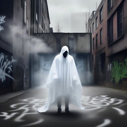 Modify the previous album cover, replacing the ghostly figure with an ethereal representation of a rapper in an urban setting. Maintain the graffiti-style lettering of 'but you feel like a ghost'