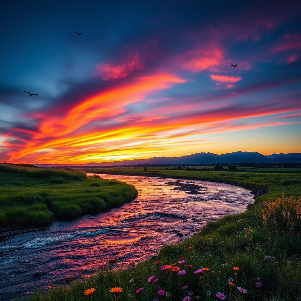 A clear and detailed photo of a serene landscape with a beautiful sunset, featuring vibrant colors in the sky blending into dark blues and purples as dusk approaches