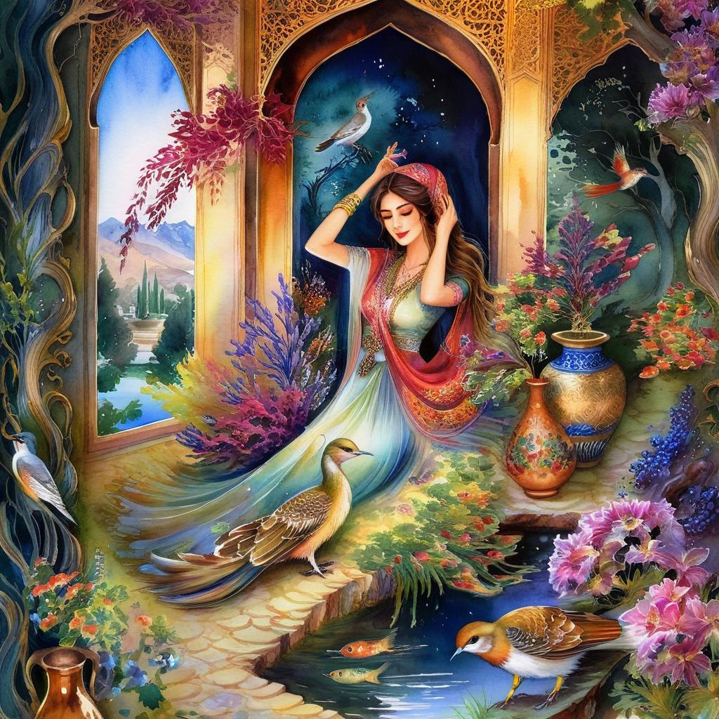 Mystical and spiritual watercolor painting of a beautiful Iranian woman inside a beautiful Iranian house with cypress and grape trees, a pond full of water, beautiful vases, colorful flowers, and nightingales