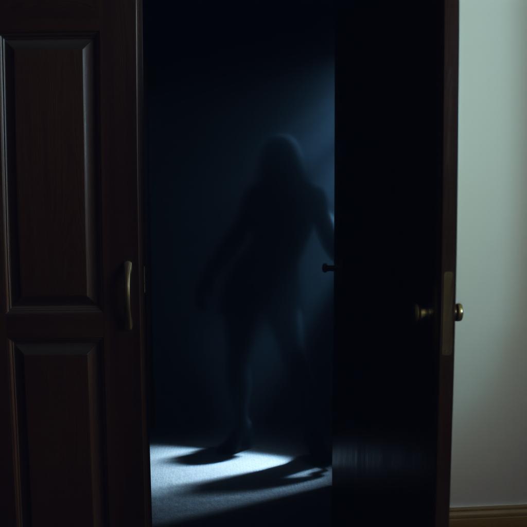 A wardrobe with its door slightly ajar, revealing a creeping shadow of an ominous being lurking inside