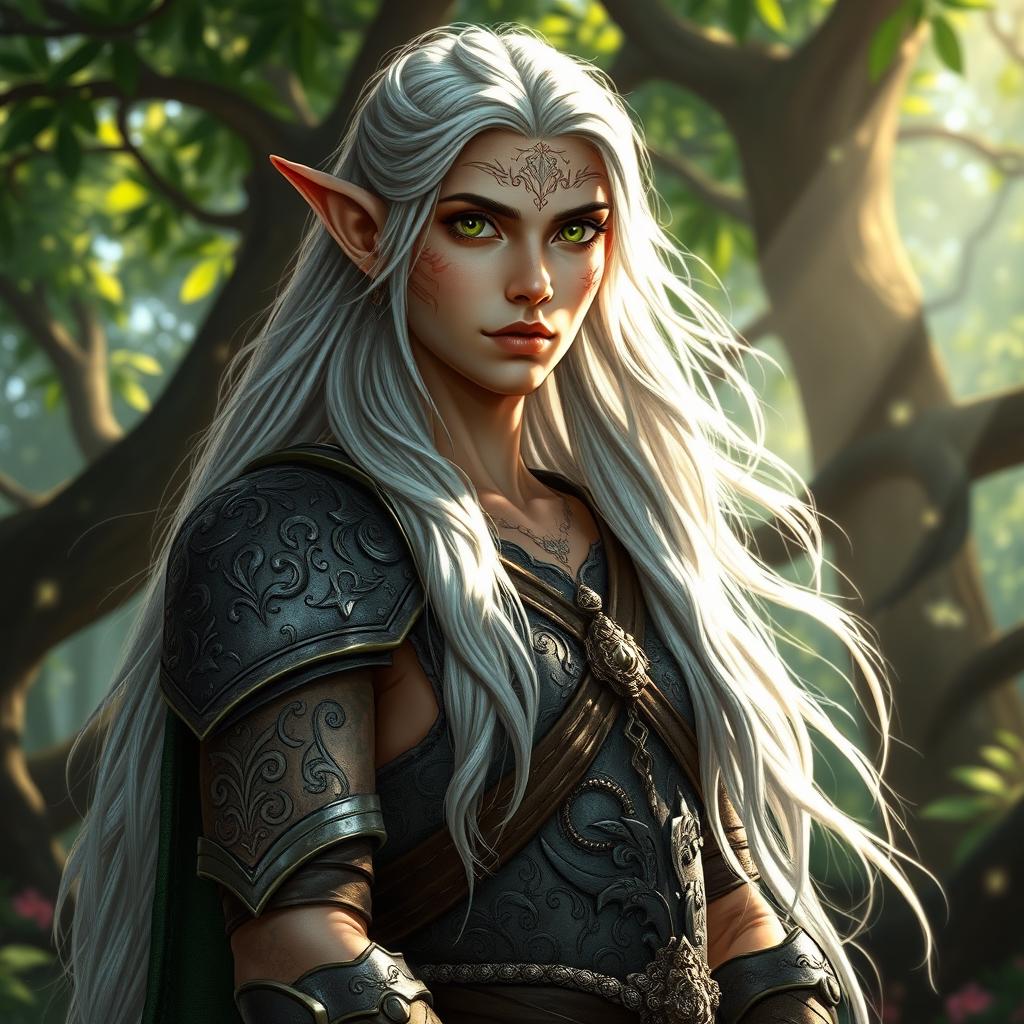 A regal elf with long flowing silver hair and bright green eyes, standing confidently in an enchanted forest