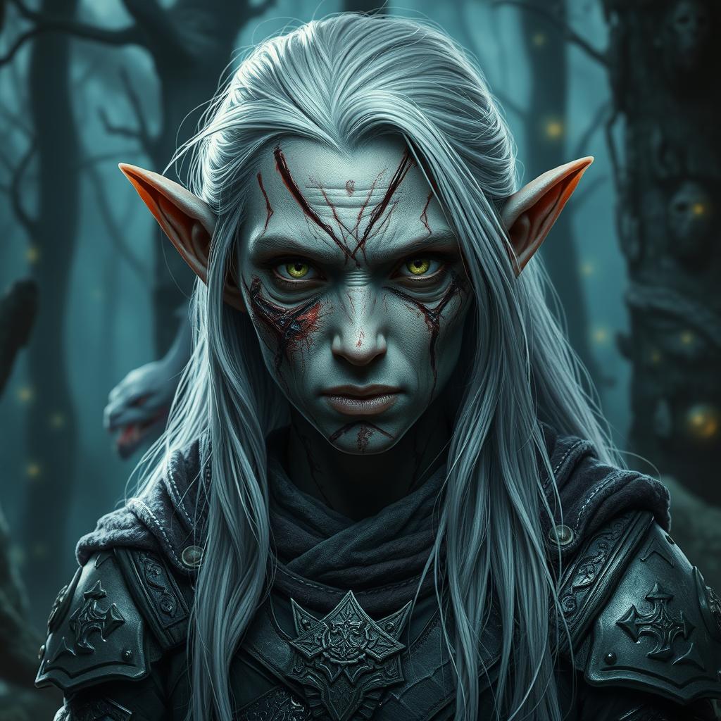 A heavily scarred elf with a visage that tells a poignant story of survival; their face is dramatically mutilated, with deep scars and disfigurations that enhance their rugged and fierce beauty