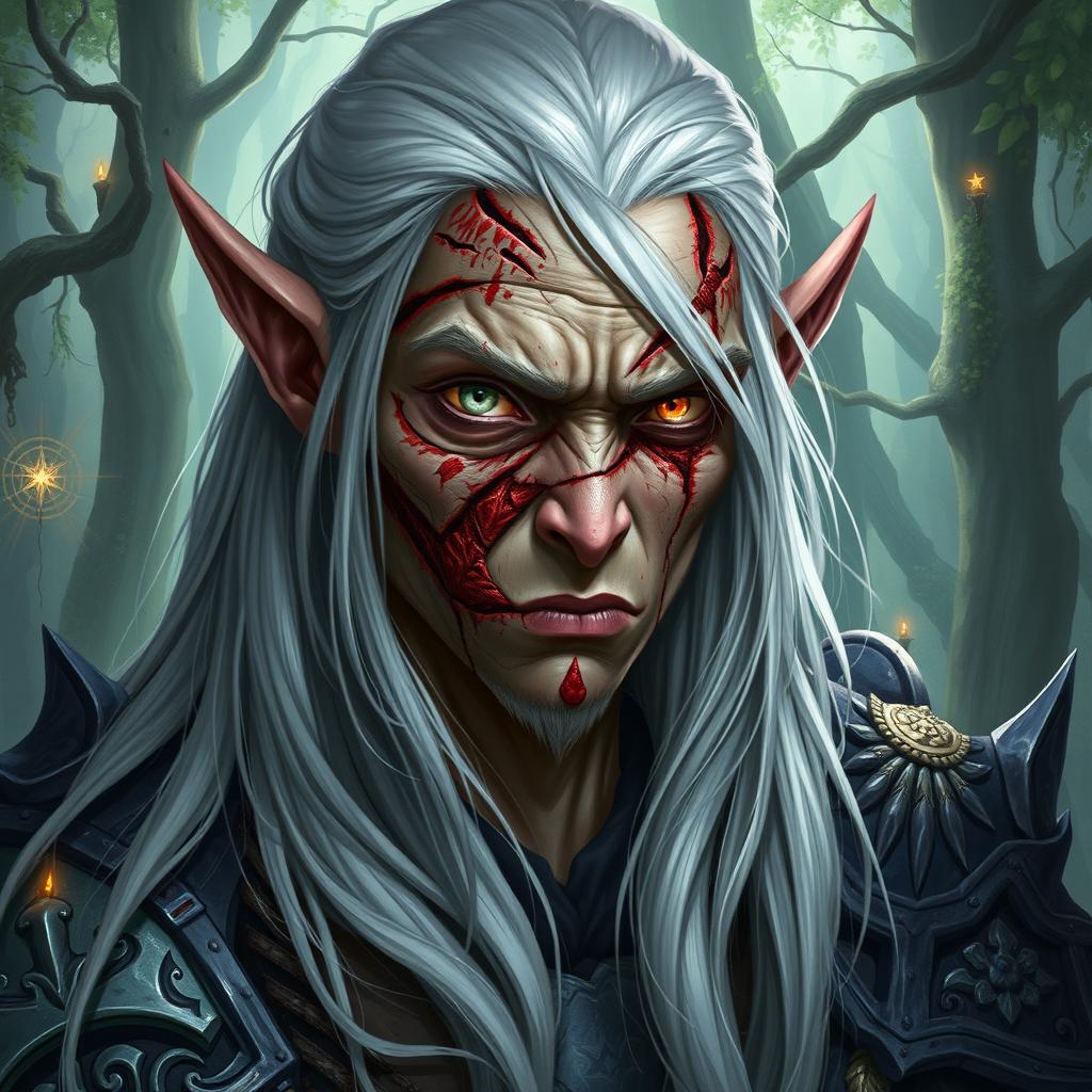 A heavily scarred elf with a completely mutilated face, showcasing a dramatic and intense expression that illustrates both suffering and strength
