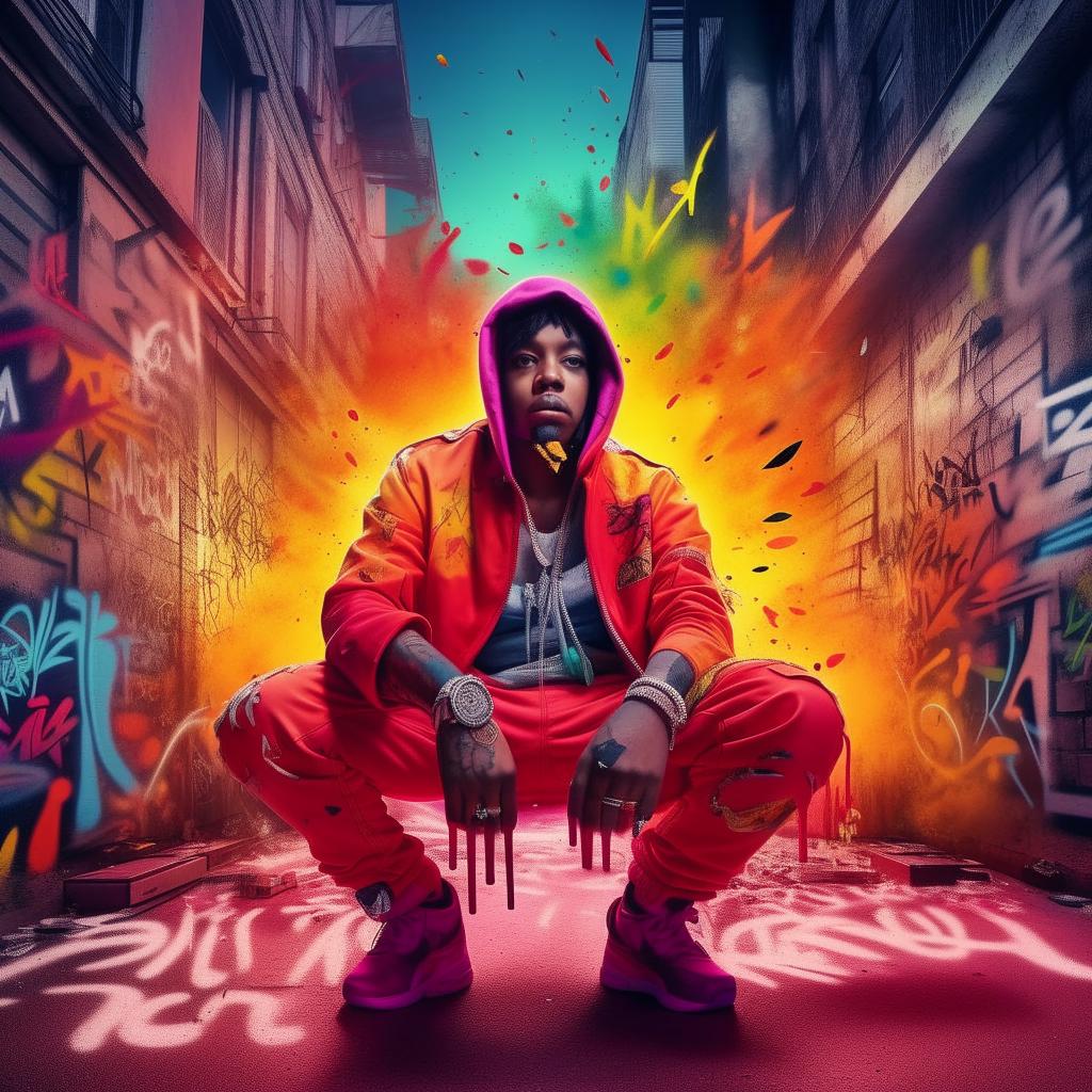 Alter the previous image, injecting the background with vibrant, explosive colors. The ethereal rapper is set against a dynamic urban setting brought to life in a vivid color palette while keeping the graffiti lettering.