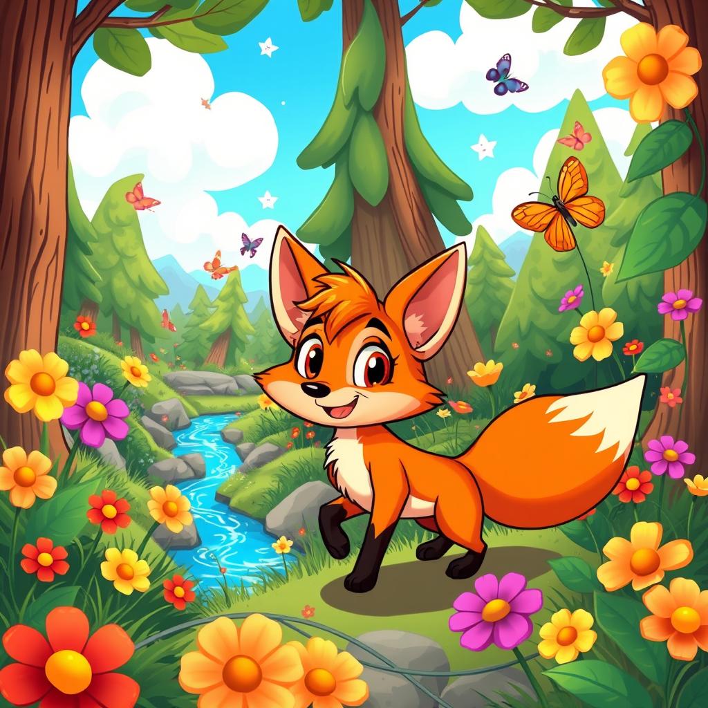 A vibrant, colorful cartoon scene featuring an adventurous young fox exploring a magical forest