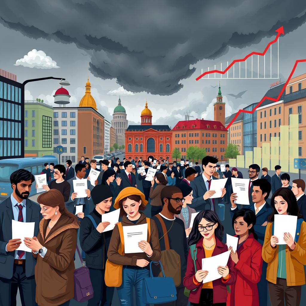 A visual representation of unemployment in the European Union, showcasing various aspects such as job search, economic challenges, and diverse individuals affected by unemployment