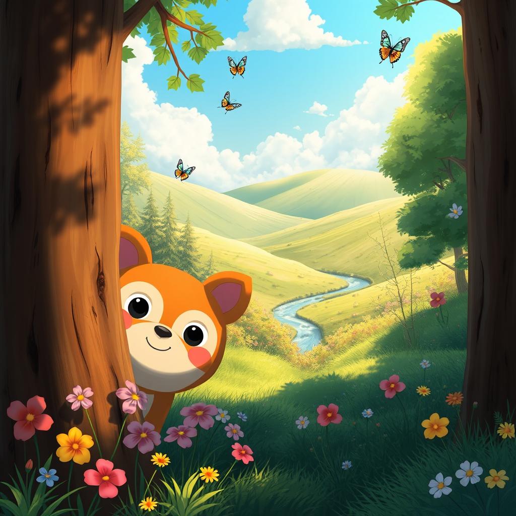 A whimsical and magical forest scene inspired by Studio Ghibli's enchanting art style, featuring vibrant colors and lush greenery