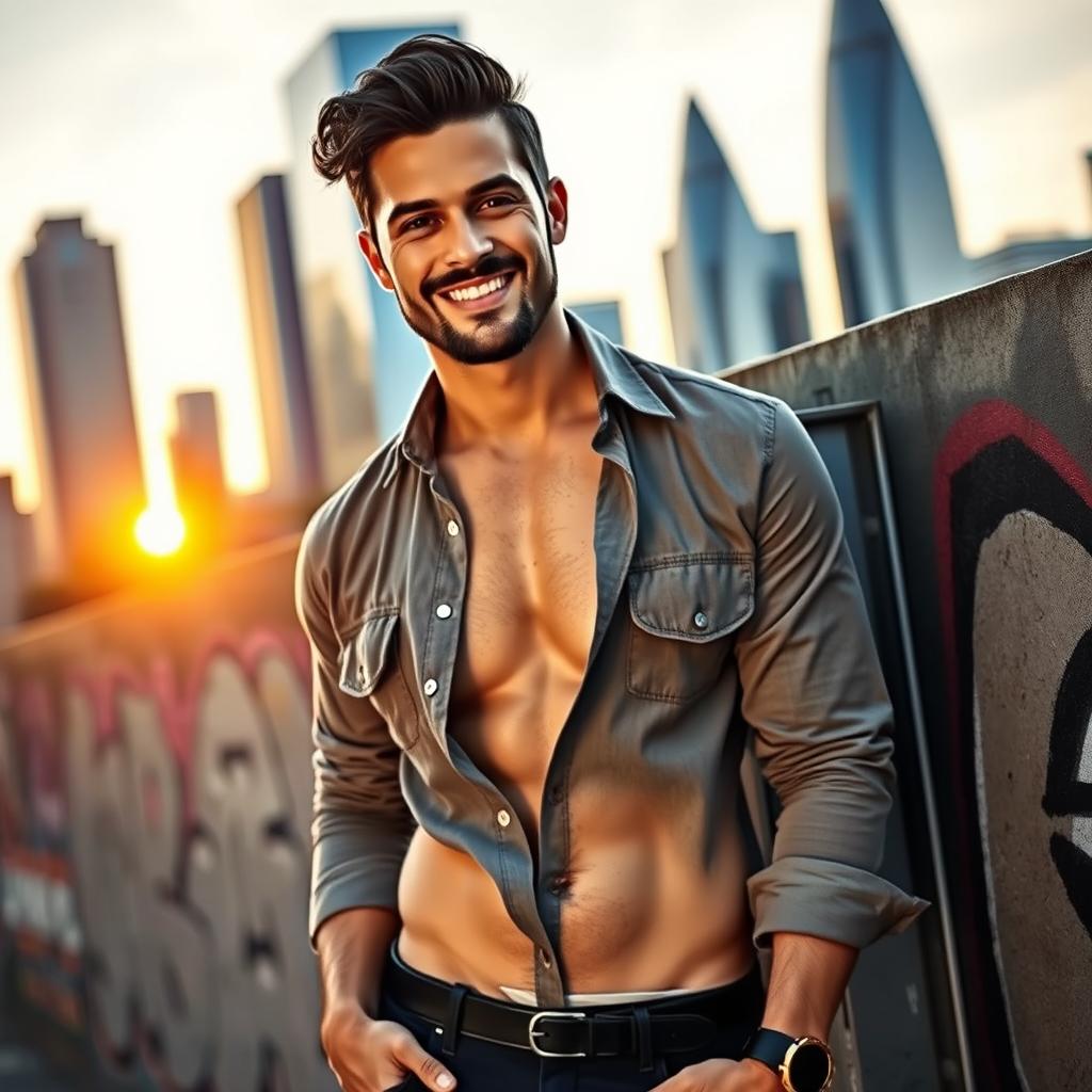 A handsome man with a charming smile, standing in a stylish urban setting