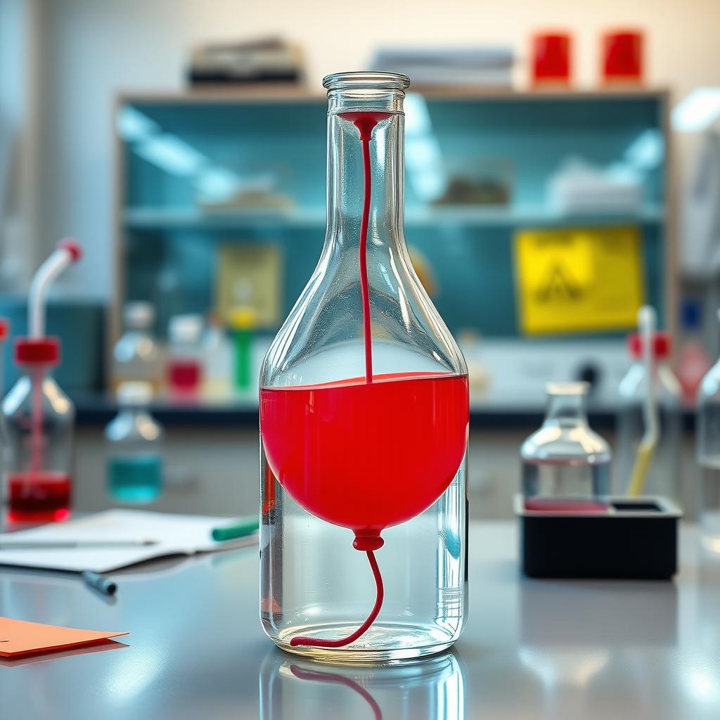 A whimsical chemistry bottle filled with a vibrant red balloon that is inflated, but the balloon is pushed inward against the sides of the bottle, creating a playful visual effect