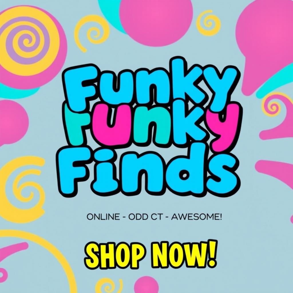An eye-catching advertisement for an online store named 'Funky Finds', showcasing a vibrant and colorful design