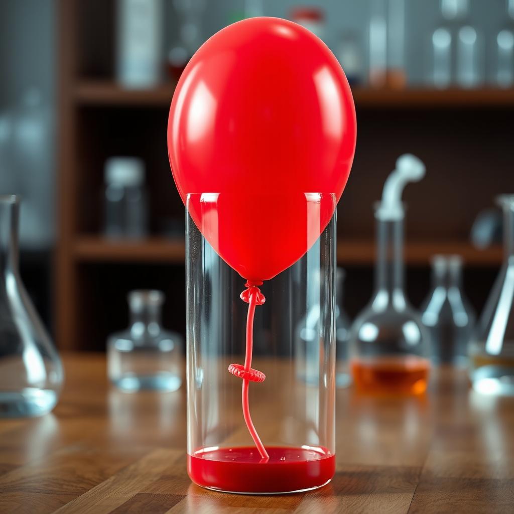 A red balloon fully inflated and positioned inside a clear chemistry bottle