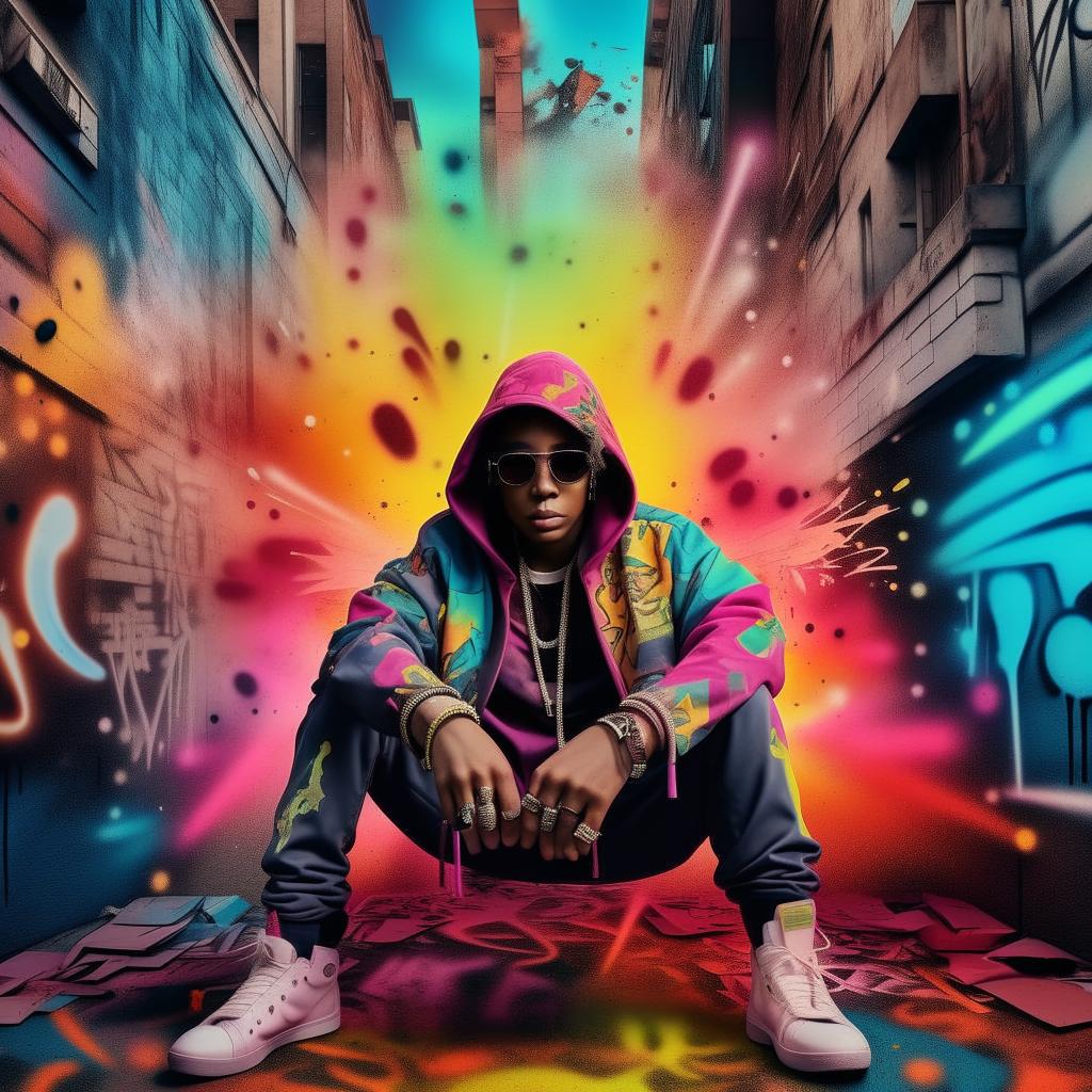 Alter the previous image, injecting the background with vibrant, explosive colors. The ethereal rapper is set against a dynamic urban setting brought to life in a vivid color palette while keeping the graffiti lettering.