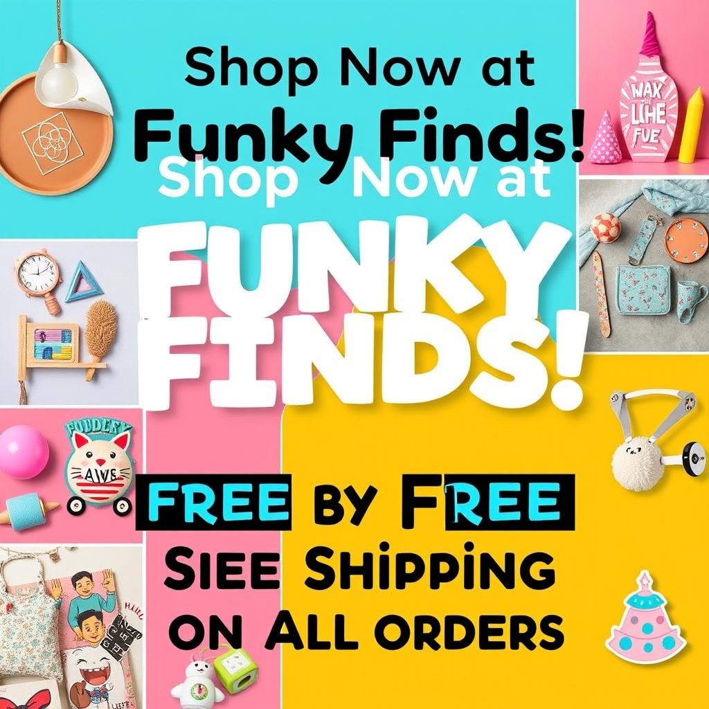 A vibrant and eye-catching advertisement for an online store named "Funky Finds" showcasing a variety of eclectic and stylish products