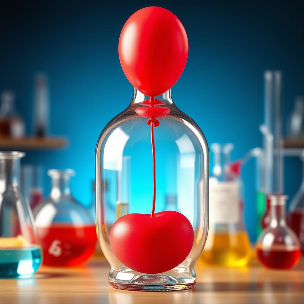 A vivid image of a whole red balloon inside a chemistry bottle