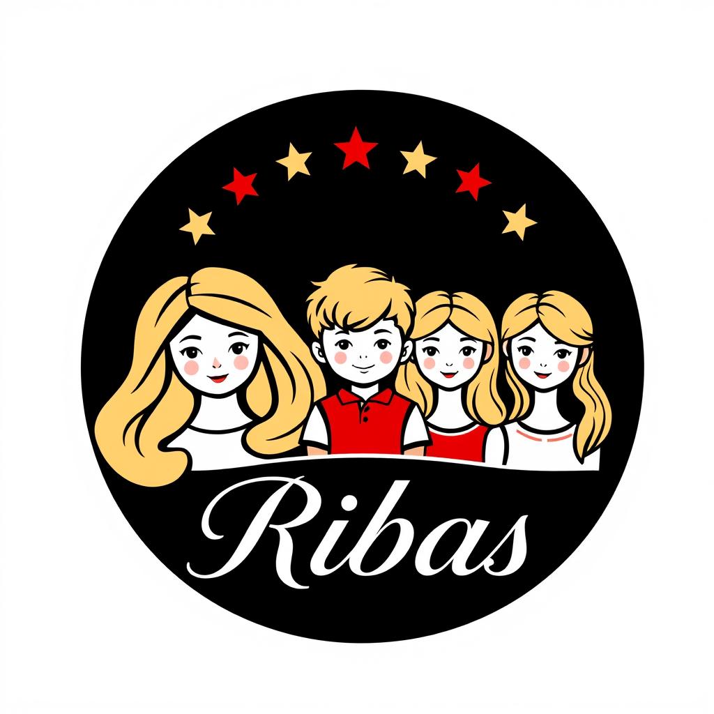 A modern and stylized logo featuring a blonde doll, a blonde boy, and two girls with light brown hair