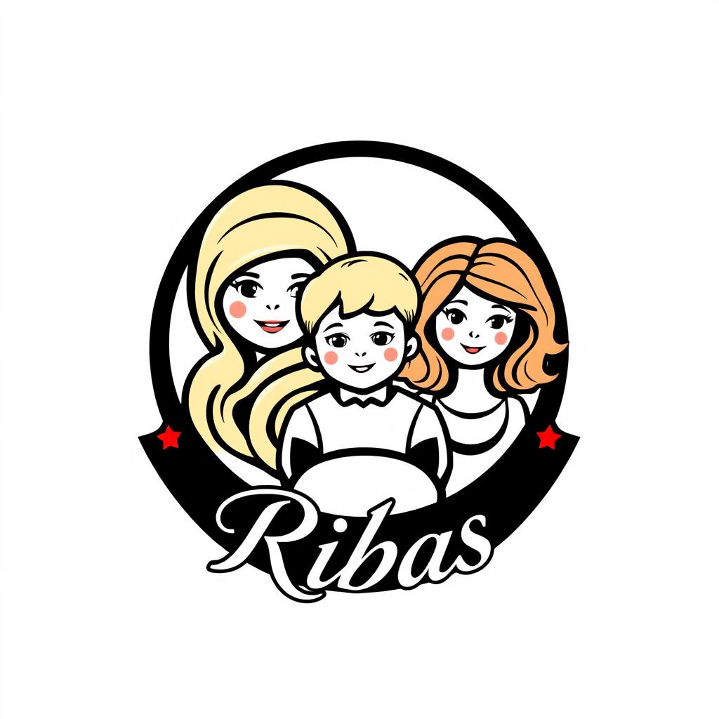 A modern and stylized logo featuring a blonde doll, a blonde boy, and two girls with light brown hair