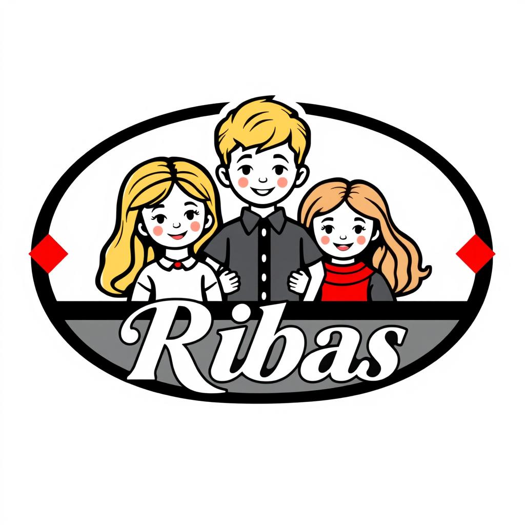 A modern, stylized logo featuring a blonde doll, a blonde boy, and two light brown-haired girls
