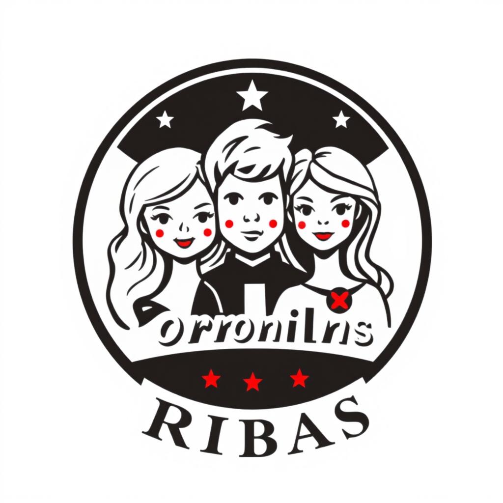 Create a modern and stylish logo featuring a blonde doll, a blonde boy, and two girls with light brown hair