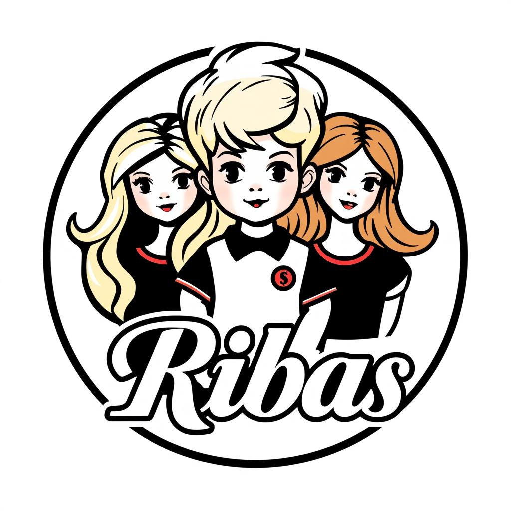 Create a modern and stylish logo featuring a blonde doll, a blonde boy, and two girls with light brown hair