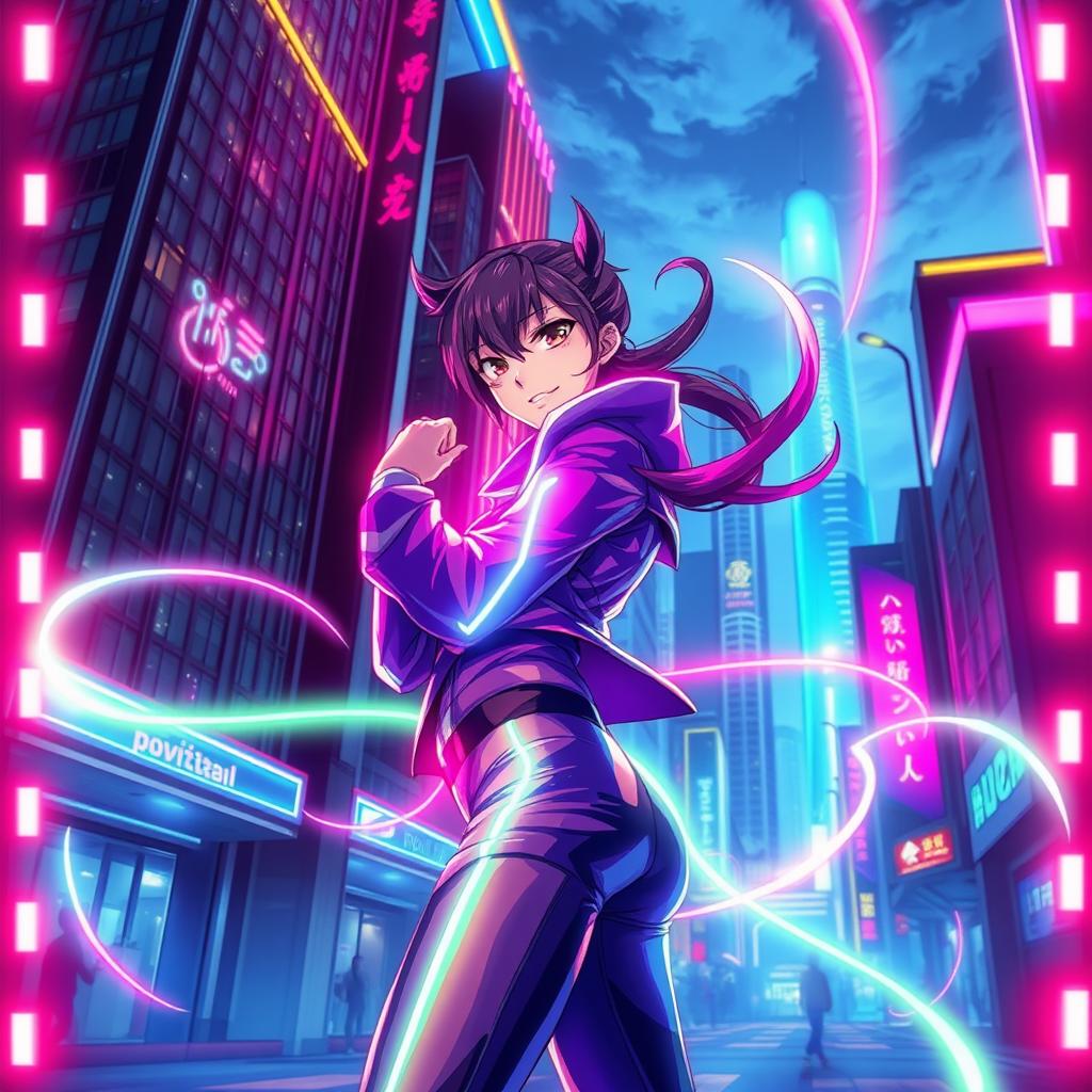 A dynamic anime scene featuring vibrant strip lights along the edges creating a glowing effect