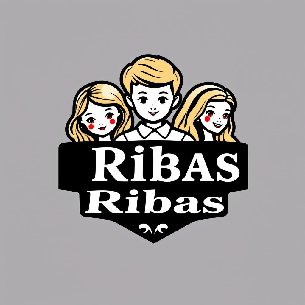 Create a modern and stylish logo featuring a blonde doll, a blonde boy, and two girls with light brown hair