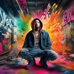 Alter the previous image, injecting the background with vibrant, explosive colors. The ethereal rapper is set against a dynamic urban setting brought to life in a vivid color palette while keeping the graffiti lettering.