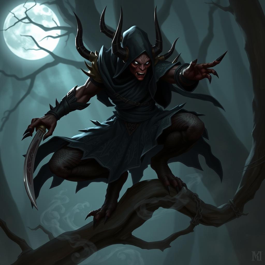 Concept art of a fantastical ninja demon, featuring a shadowy, mysterious figure with sharp, elegant features and piercing eyes