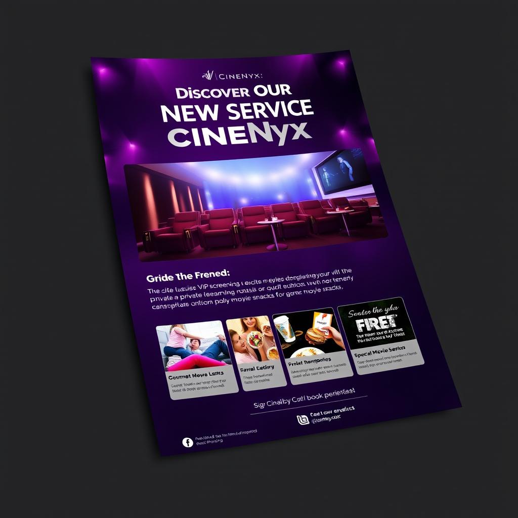 A creative and attractive commercial flyer design for a new service at a cinema named CineNyx