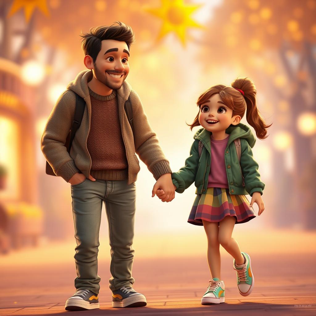 A 40-year-old father with a kind smile and gentle eyes, dressed in a casual outfit featuring comfortable jeans, sneakers, and a cozy sweater