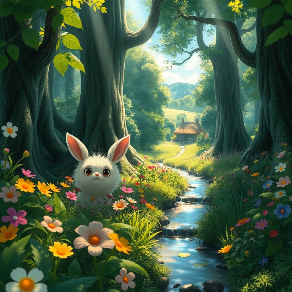 A lush, enchanting forest scene inspired by Studio Ghibli, filled with vibrant flowers and towering, ancient trees