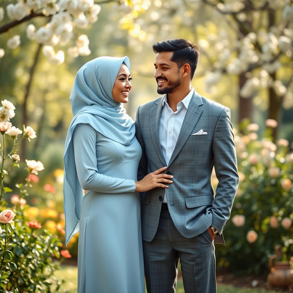 A realistic photograph capturing a couple standing together in a romantic classic setting, like a beautiful garden with blooming flowers and soft sunlight filtering through the trees