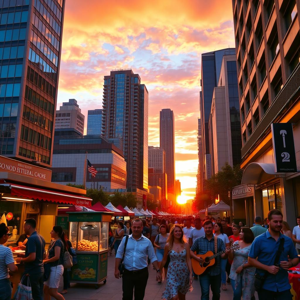 A vibrant, dynamic urban landscape during sunset, showcasing a busy street filled with diverse people enjoying their evening