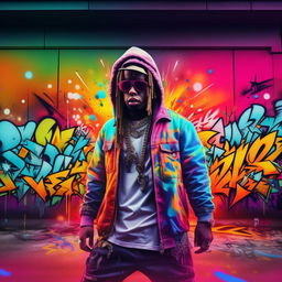 Alter the previous image, injecting the background with vibrant, explosive colors. The ethereal rapper is set against a dynamic urban setting brought to life in a vivid color palette while keeping the graffiti lettering.