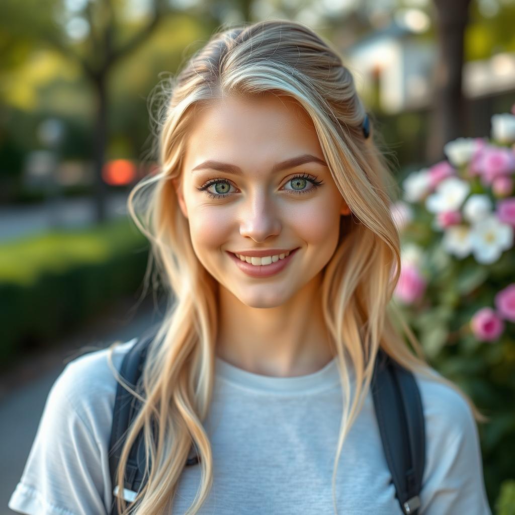 A 25-year-old blonde woman with striking green eyes, showcasing her vibrant personality