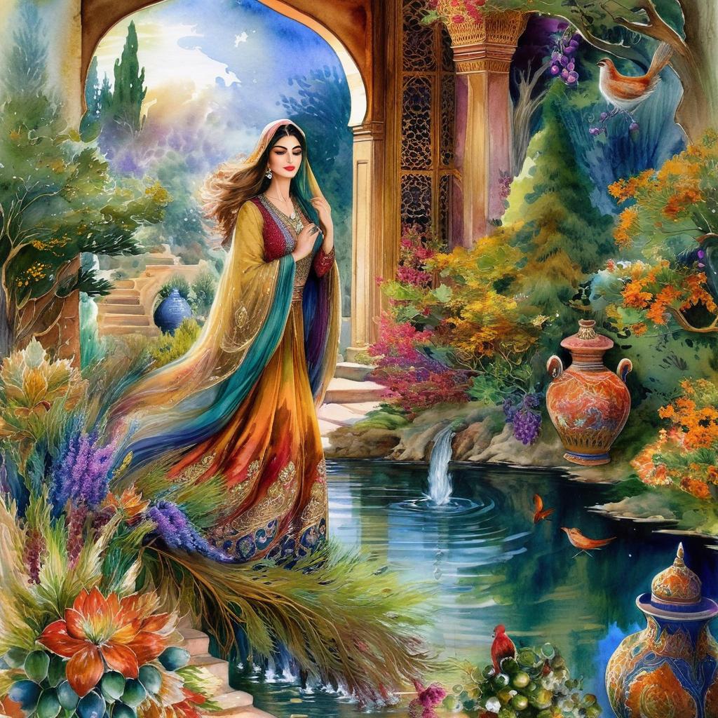 Mystical and spiritual watercolor painting of a beautiful Iranian woman inside a beautiful Iranian house with cypress and grape trees, a pond full of water, beautiful vases, colorful flowers, and nightingales
