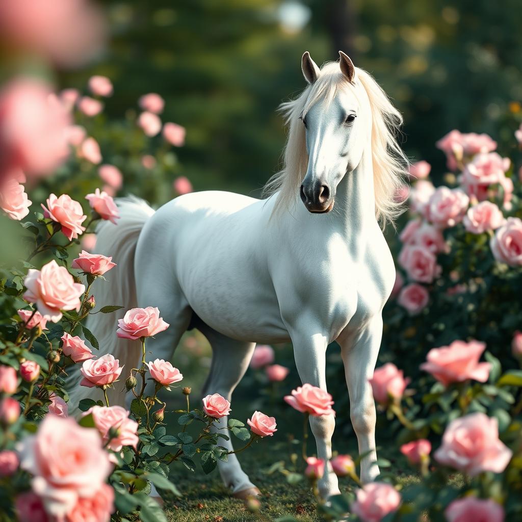 A classic and elegant scene depicting a beautiful white horse standing gracefully amidst a lush garden filled with blooming pink roses