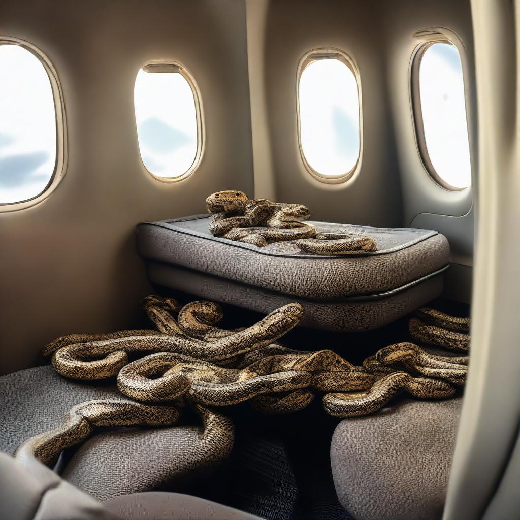 Several snakes of different species scattered across the cabin of an airborne plane, inducing a sense of suspense